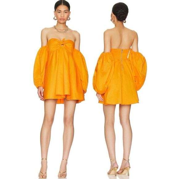 NWT For Love & Lemons Lucia Mini Dress Off the Shoulder Tie Front Orange Small - Picture 1 of 11